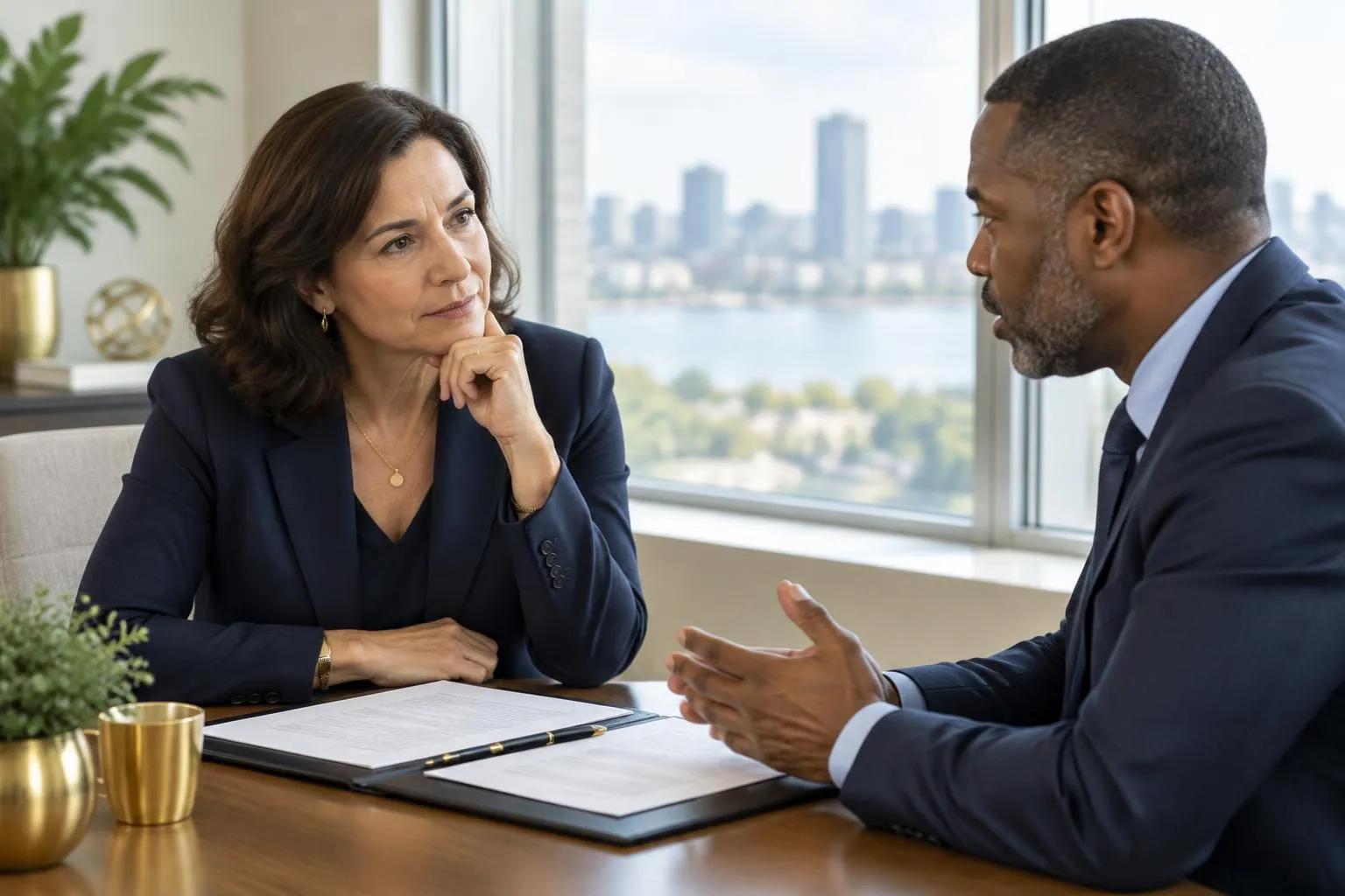Two executives having a candid conversation beside an office window