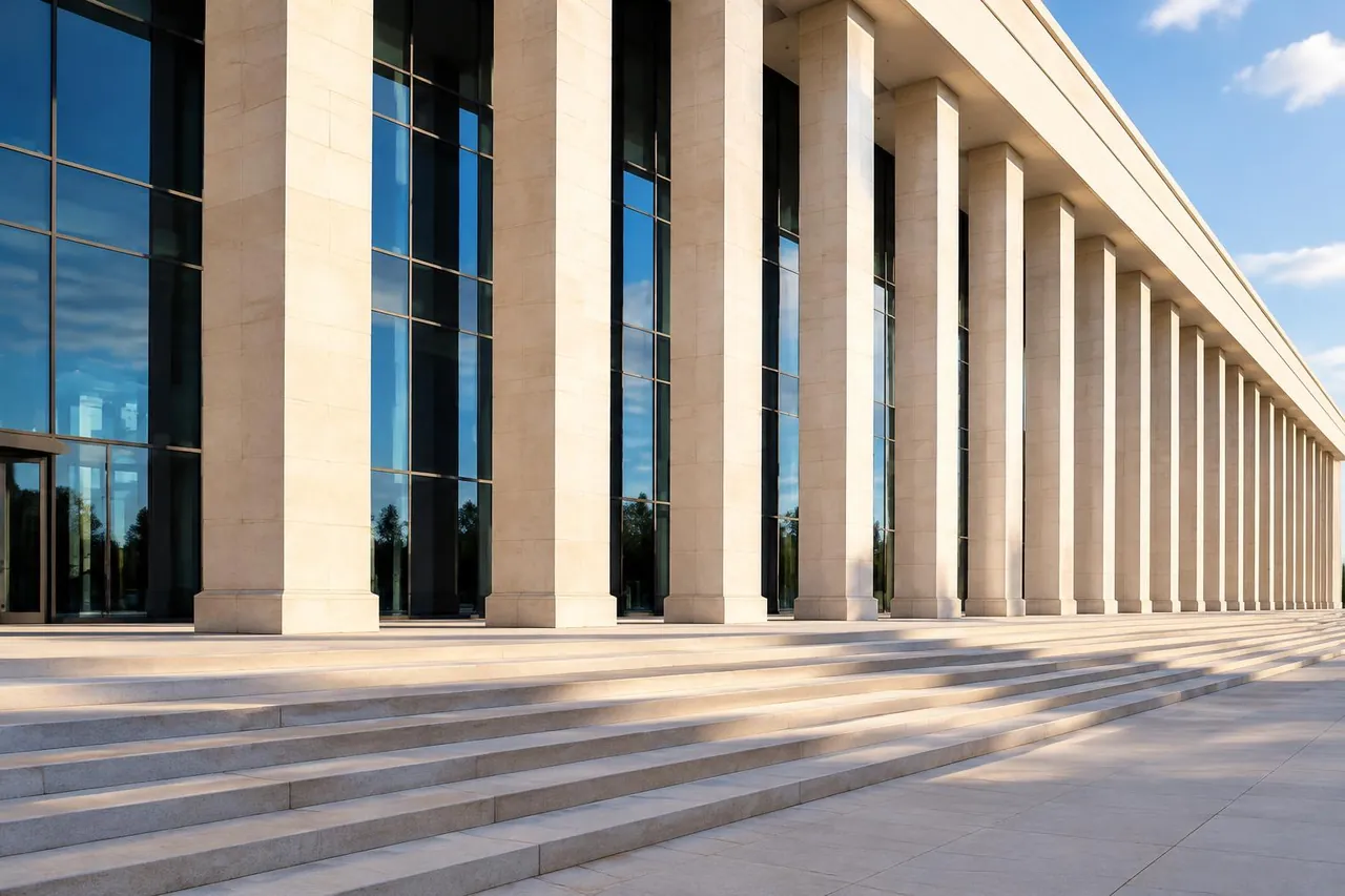 A dependable rhythm of structural columns and steps