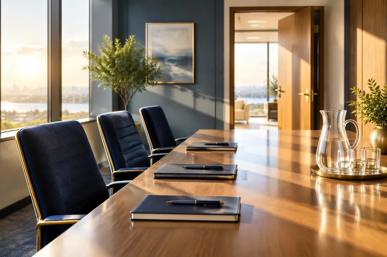 An open, sunlit executive boardroom