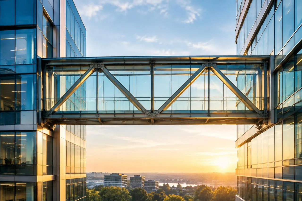 A glass and steel bridge connecting two office buildings