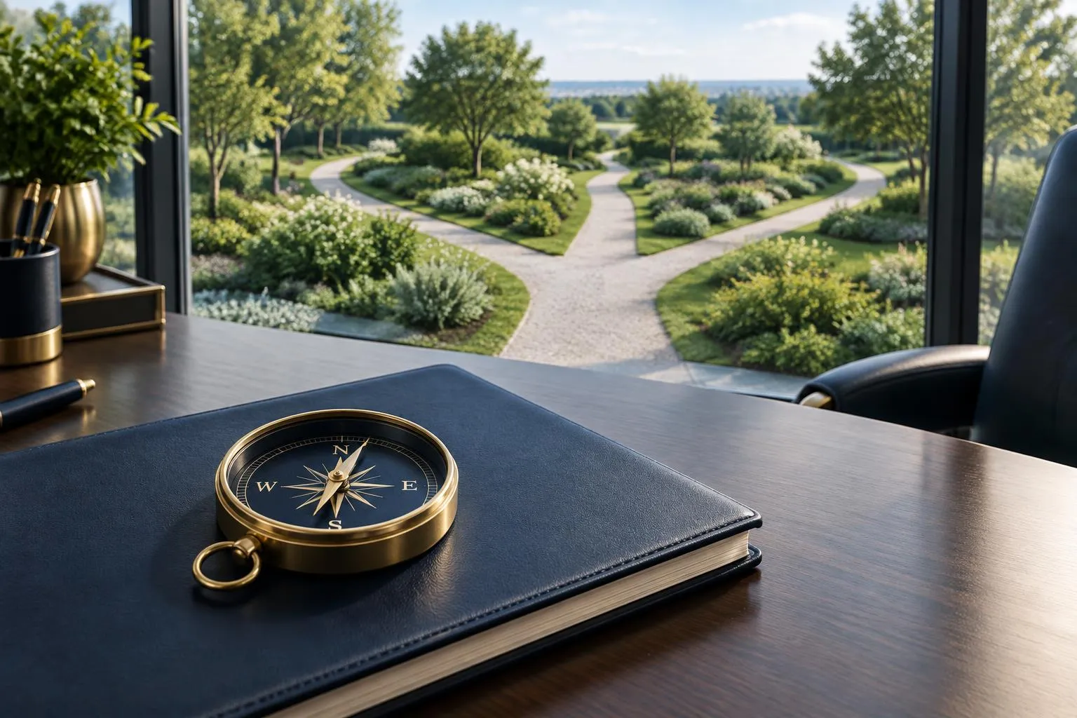 A brass compass on a strategy notebook overlooking branching garden paths