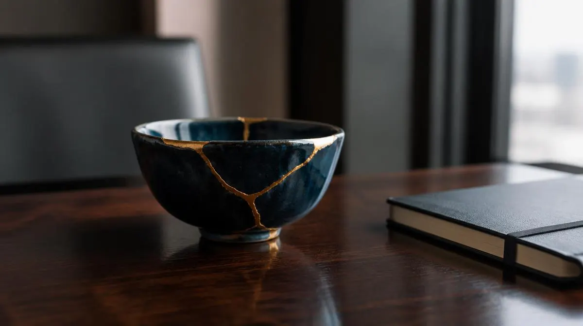 A navy ceramic bowl repaired with gold seams on an executive desk