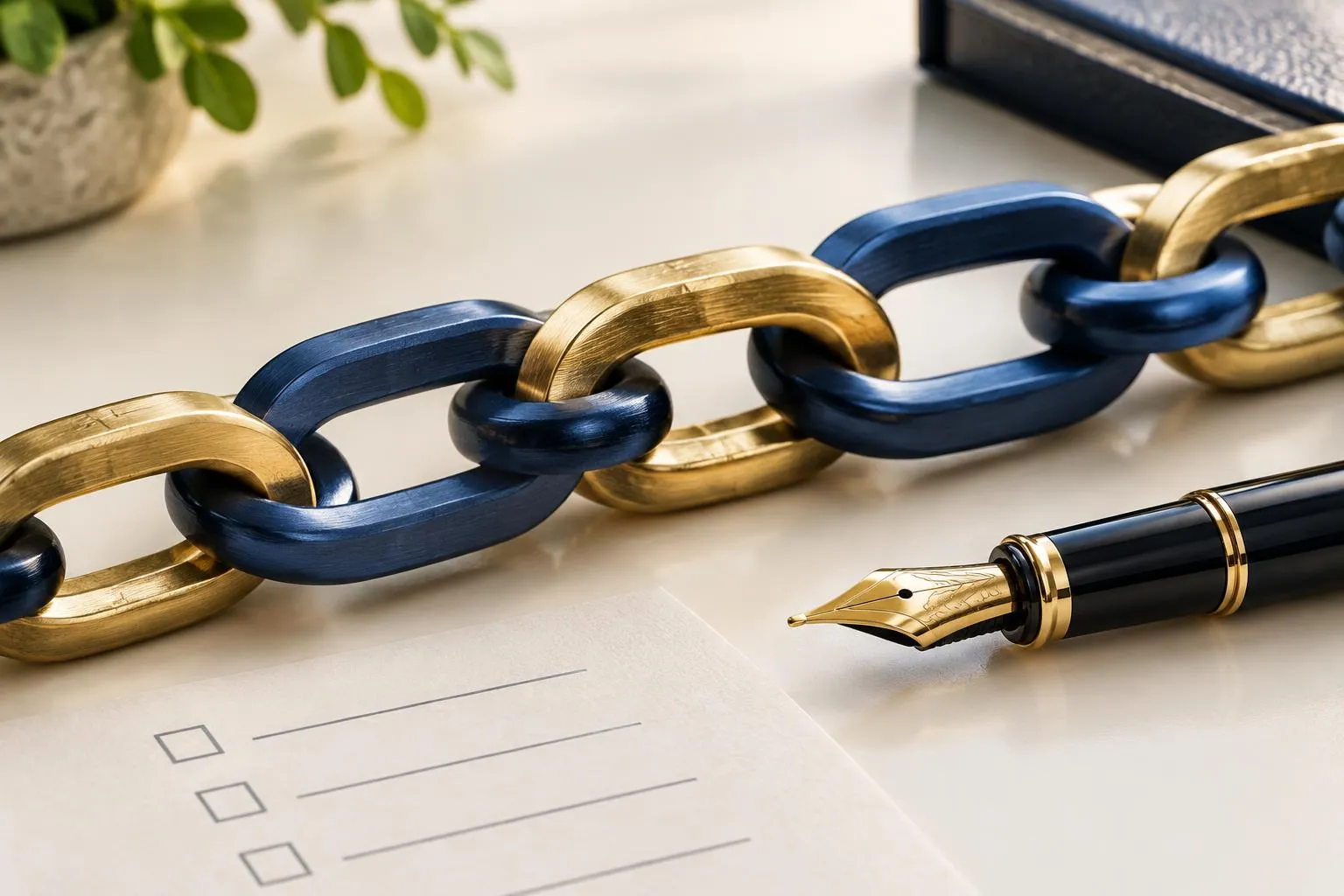 Interlocking navy and gold chain links beside a pen and checklist